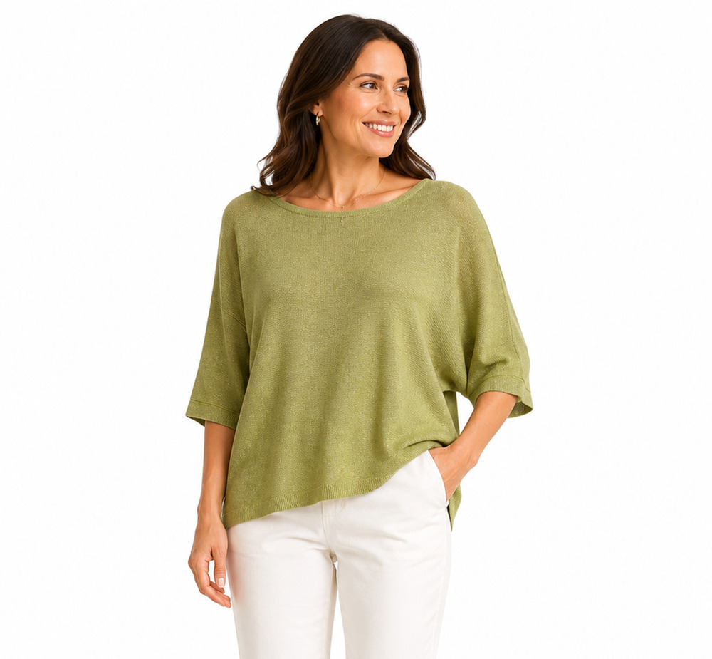 Chicos Womens Green Silver Metallic Dolman Sleeve Thin Linen Blend Sweater 3/ XL